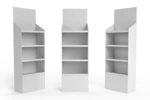 Cardboard retail display stand with printed graphics and product branding