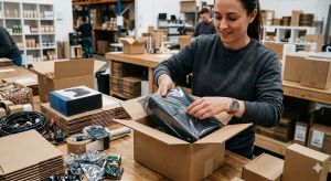 Workers assembling kits and packaging items in a warehouse environment.